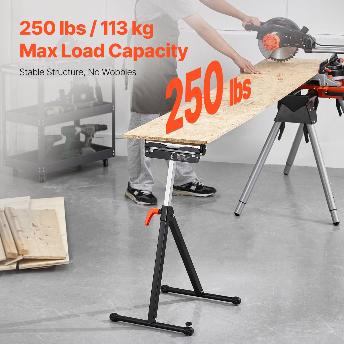 VEVOR Roller Stand, 250 lb Load Capacity, 27 in-43 in Adjustable Height, Folding Heavy Duty with Edge Guides & 11.5 in Polished Steel Roller Head, for Table Saw Outfeed Woodworking Extension Support - DZGTMGGJ250LH8UNKV0 - view 3