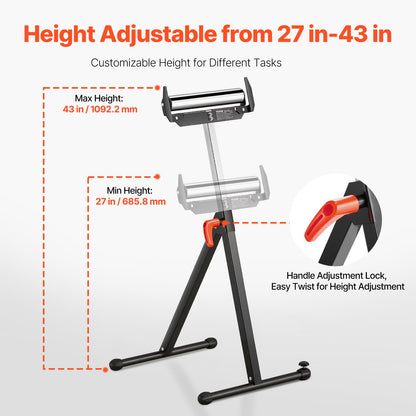 VEVOR Roller Stand, 250 lb Load Capacity, 27 in-43 in Adjustable Height, Folding Heavy Duty with Edge Guides & 11.5 in Polished Steel Roller Head, for Table Saw Outfeed Woodworking Extension Support - DZGTMGGJ250LH8UNKV0 - view 4