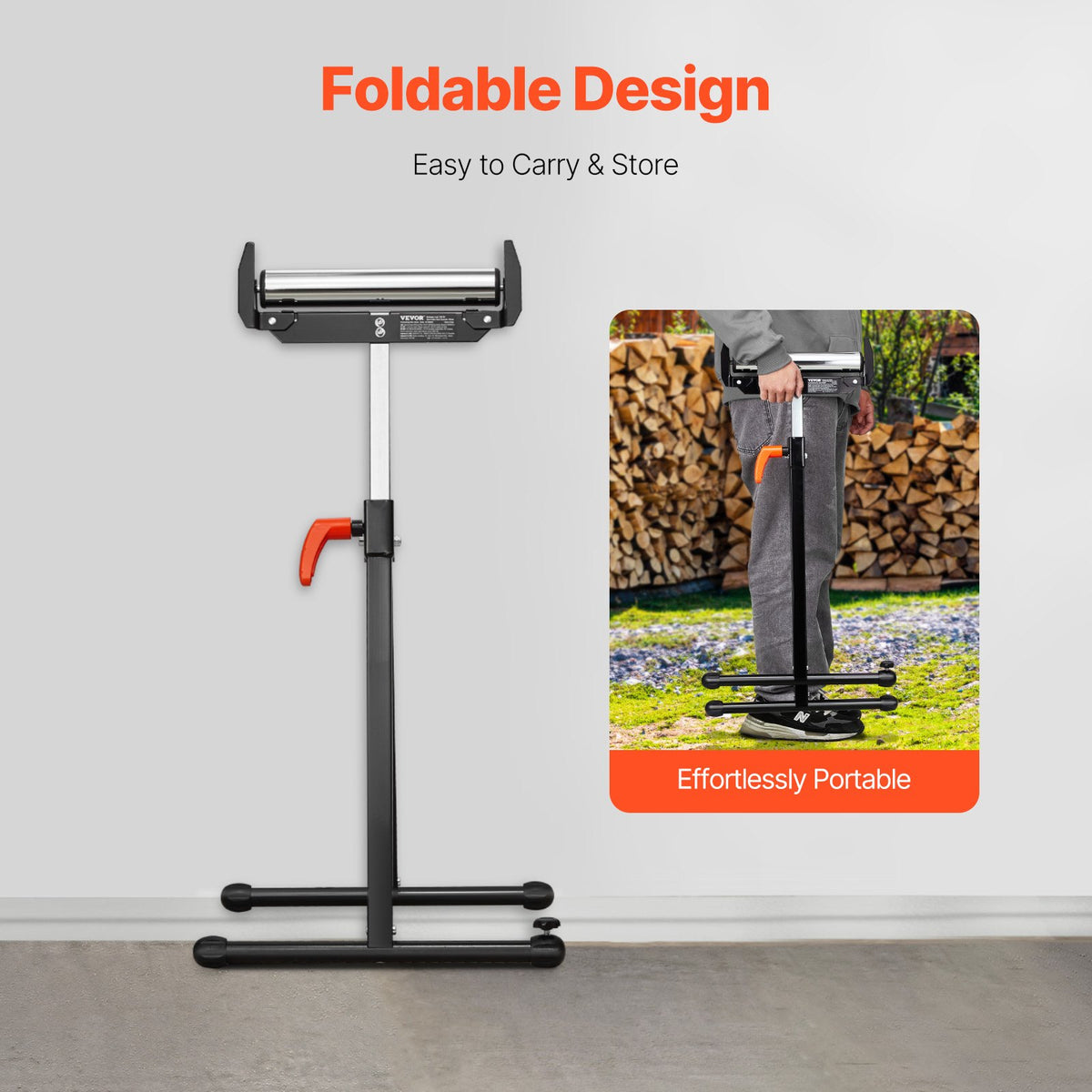 VEVOR Roller Stand, 250 lb Load Capacity, 27 in-43 in Adjustable Height, Folding Heavy Duty with Edge Guides & 11.5 in Polished Steel Roller Head, for Table Saw Outfeed Woodworking Extension Support - DZGTMGGJ250LH8UNKV0 - view 6