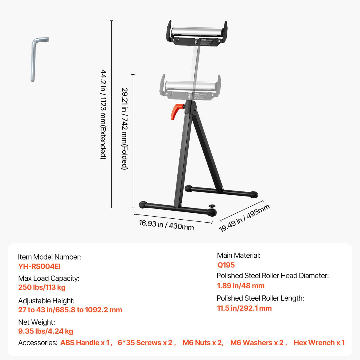 VEVOR Roller Stand, 250 lb Load Capacity, 27 in-43 in Adjustable Height, Folding Heavy Duty with Edge Guides & 11.5 in Polished Steel Roller Head, for Table Saw Outfeed Woodworking Extension Support - DZGTMGGJ250LH8UNKV0 - view 8
