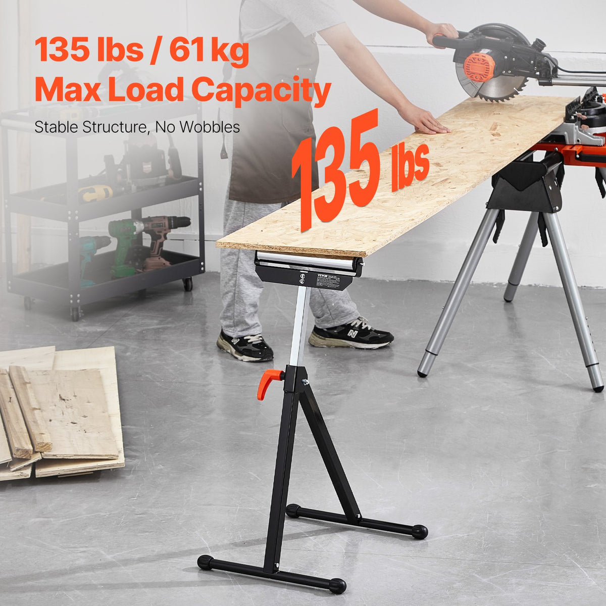 VEVOR 2-Pack Roller Stands, 135 lb Load Capacity, 26.8-42.5'' Adjustable Height, Folding Heavy Duty Design with 11.5 in Polished Steel Roller Head, for Table Saw Outfeed Woodworking Extension Support - DZGTMGGJ2JZ1IM5TRV0 - view 3