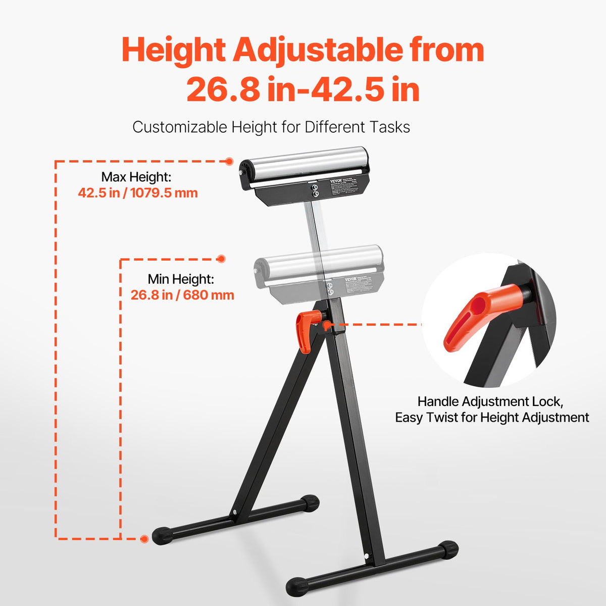 VEVOR 2-Pack Roller Stands, 135 lb Load Capacity, 26.8-42.5'' Adjustable Height, Folding Heavy Duty Design with 11.5 in Polished Steel Roller Head, for Table Saw Outfeed Woodworking Extension Support - DZGTMGGJ2JZ1IM5TRV0 - view 4