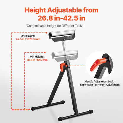 VEVOR 2-Pack Roller Stands, 135 lb Load Capacity, 26.8-42.5'' Adjustable Height, Folding Heavy Duty Design with 11.5 in Polished Steel Roller Head, for Table Saw Outfeed Woodworking Extension Support - DZGTMGGJ2JZ1IM5TRV0 - view 4