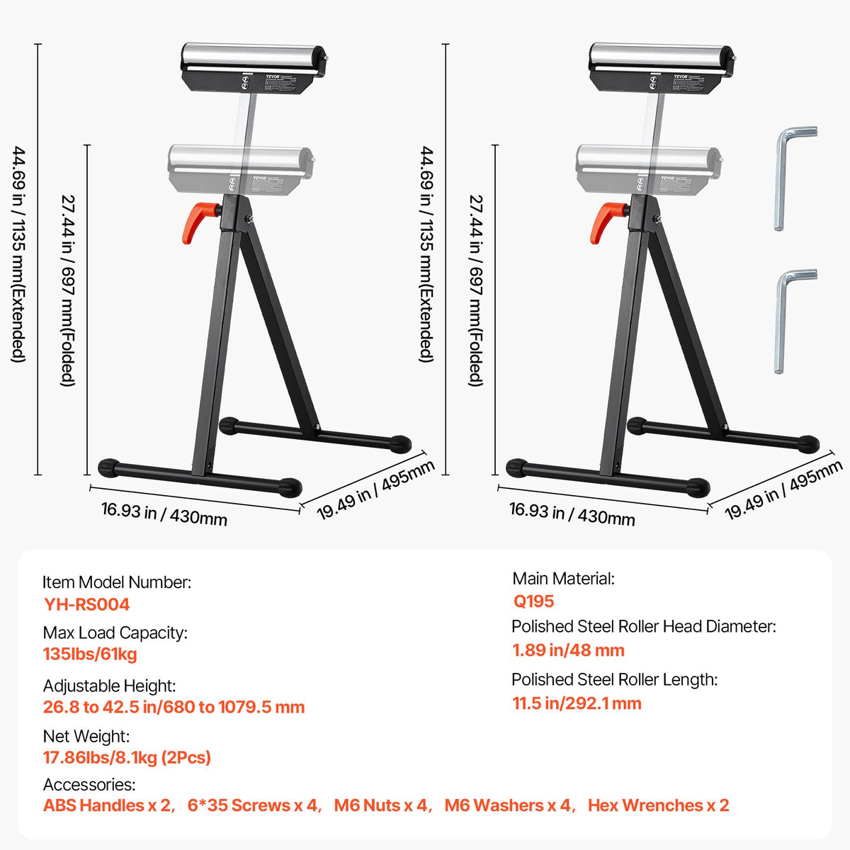 VEVOR 2-Pack Roller Stands, 135 lb Load Capacity, 26.8-42.5'' Adjustable Height, Folding Heavy Duty Design with 11.5 in Polished Steel Roller Head, for Table Saw Outfeed Woodworking Extension Support - DZGTMGGJ2JZ1IM5TRV0 - view 8