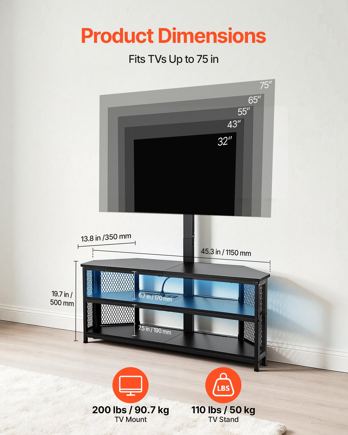 VEVOR TV Stand with Mount, 45.3 Inch, Corner TV Stand Console with Power Outlet, for 32-75 Inch TVs, Height Adjustable Swivel Entertainment Center with Storage & LED Lights, for Living Room, Black - DZJDSJ45INCHAE0H8001V1 - view 4
