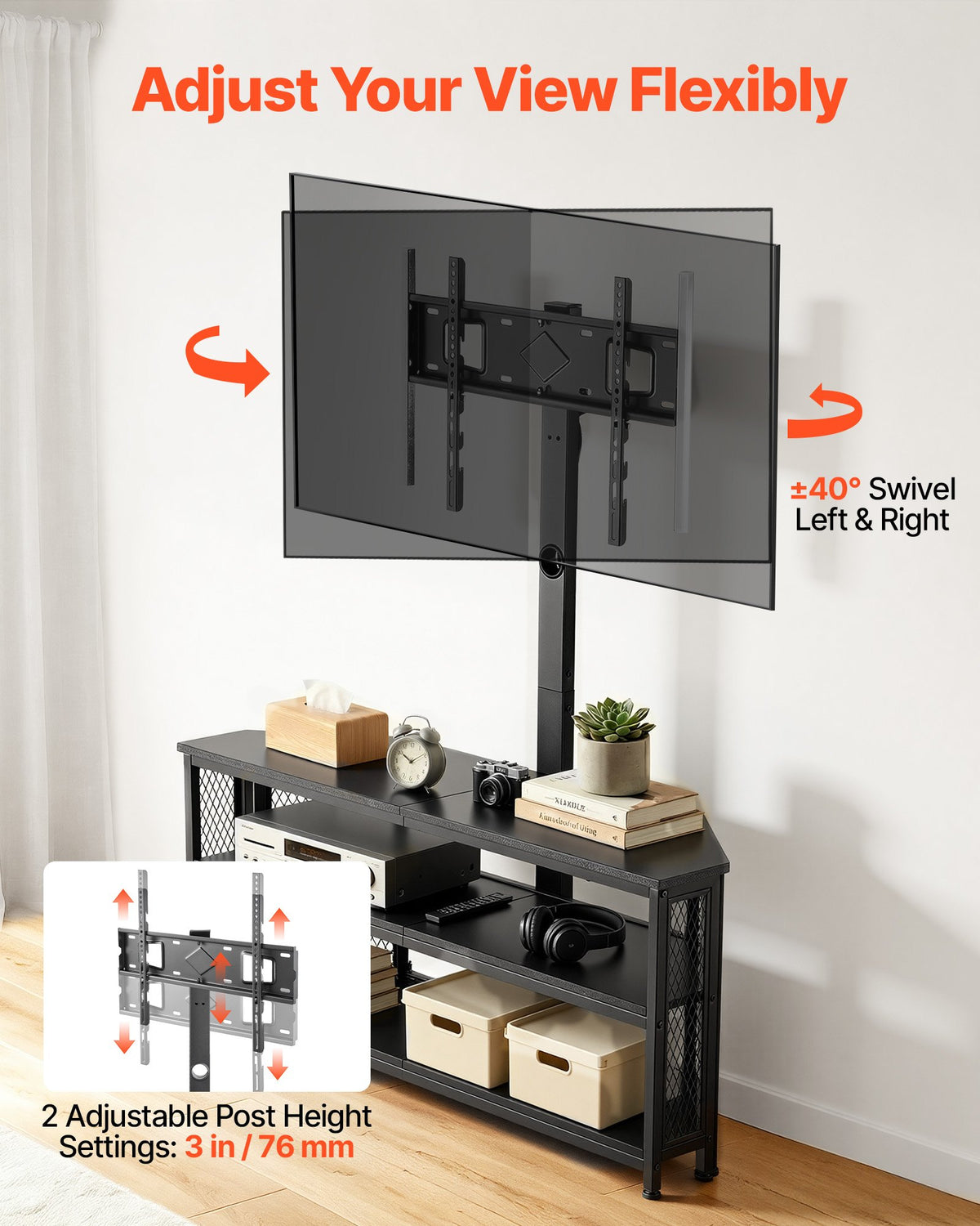 VEVOR TV Stand with Mount, 45.3 Inch, Corner TV Stand Console with Power Outlet, for 32-75 Inch TVs, Height Adjustable Swivel Entertainment Center with Storage & LED Lights, for Living Room, Black - DZJDSJ45INCHAE0H8001V1 - view 6