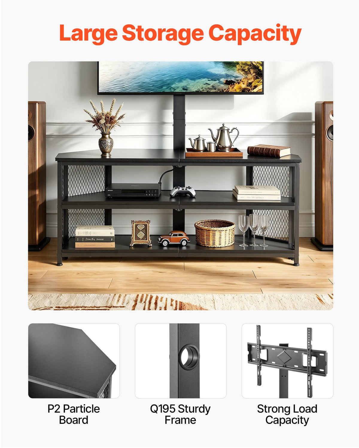 VEVOR TV Stand with Mount, 45.3 Inch, Corner TV Stand Console with Power Outlet, for 32-75 Inch TVs, Height Adjustable Swivel Entertainment Center with Storage & LED Lights, for Living Room, Black - DZJDSJ45INCHAE0H8001V1 - view 8