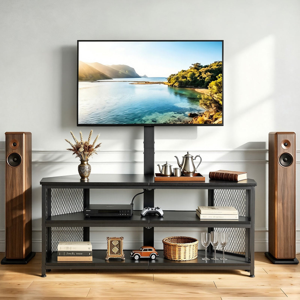 VEVOR TV Stand with Mount, 45.3 Inch, Corner TV Stand Console with Power Outlet, for 32-75 Inch TVs, Height Adjustable Swivel Entertainment Center with Storage & LED Lights, for Living Room, Black - DZJDSJ45INCHAE0H8001V1 - view 9
