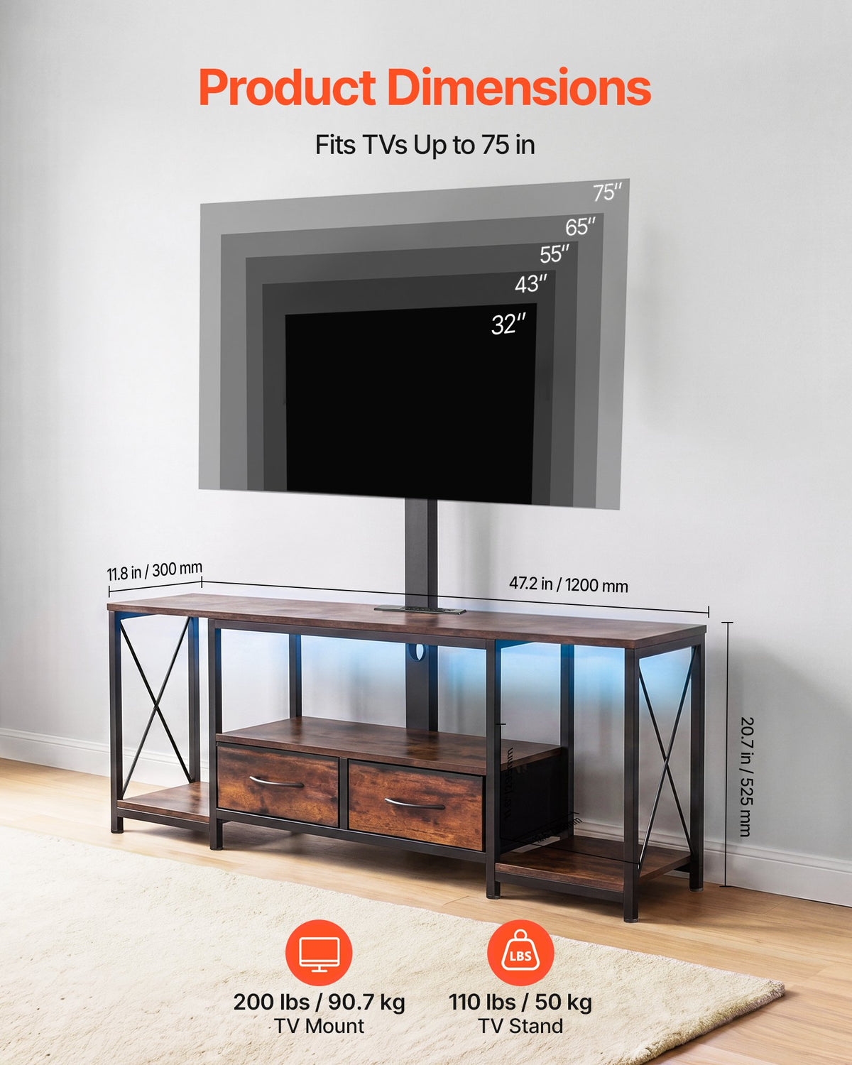 VEVOR TV Stand with Mount, 47.2 Inch, TV Stand Console with Power Outlet & Storage Drawers, for 32-75 Inch TVs, Height Adjustable Entertainment Center with LED Lights, for Living Room, Rustic Brown - DZJDSJ48INCH49SSU001V1 - view 4