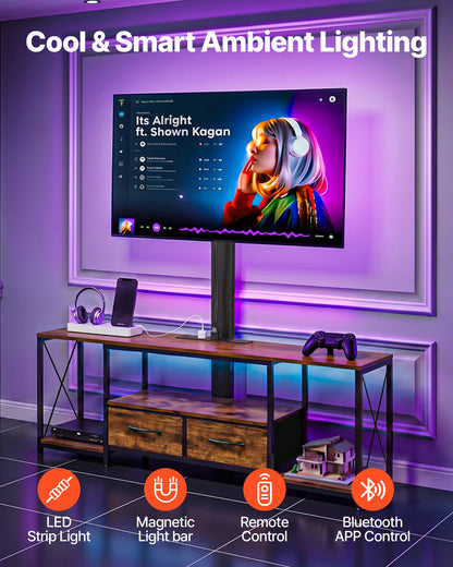 VEVOR TV Stand with Mount, 47.2 Inch, TV Stand Console with Power Outlet & Storage Drawers, for 32-75 Inch TVs, Height Adjustable Entertainment Center with LED Lights, for Living Room, Rustic Brown - DZJDSJ48INCH49SSU001V1 - view 5