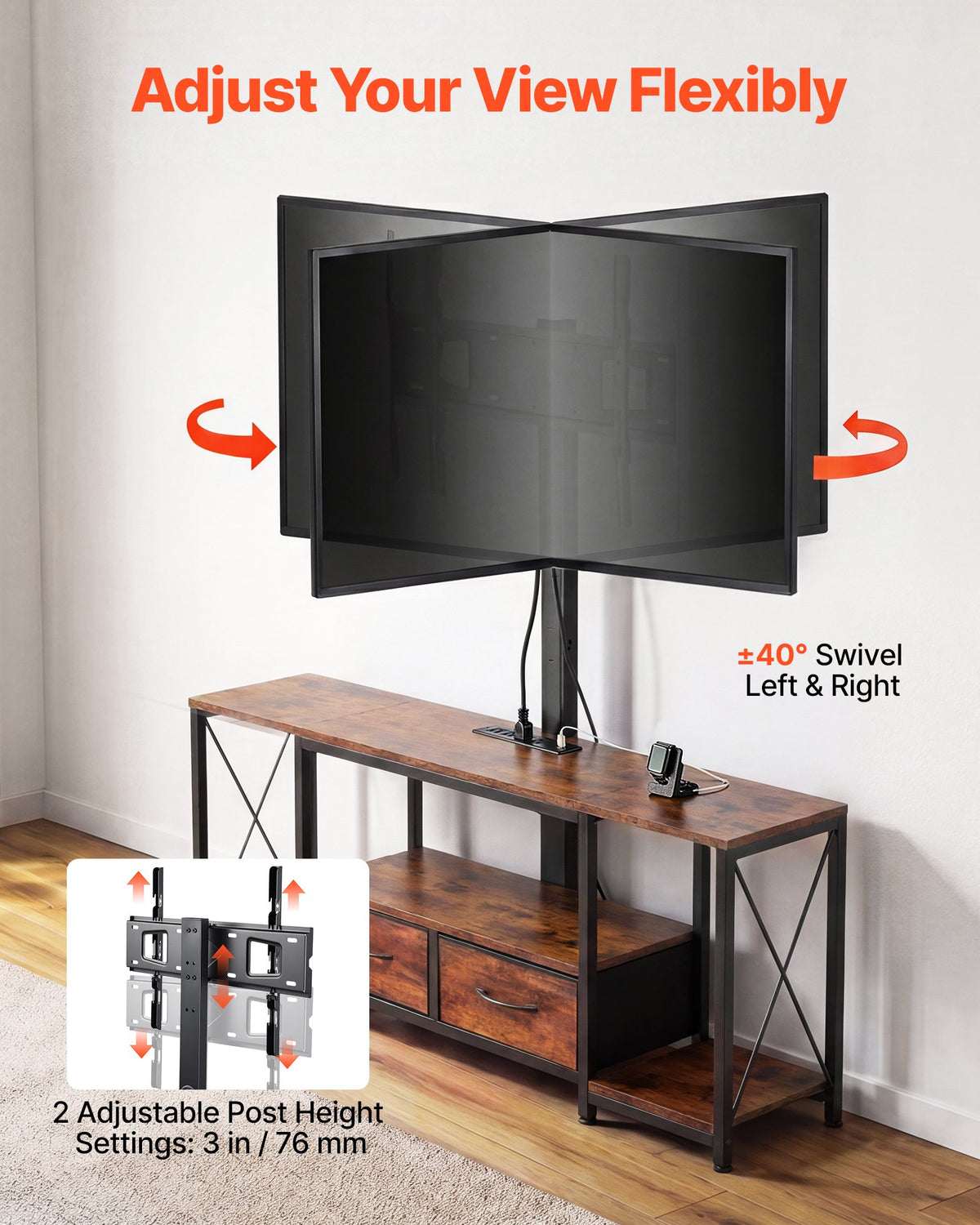 VEVOR TV Stand with Mount, 47.2 Inch, TV Stand Console with Power Outlet & Storage Drawers, for 32-75 Inch TVs, Height Adjustable Entertainment Center with LED Lights, for Living Room, Rustic Brown - DZJDSJ48INCH49SSU001V1 - view 6