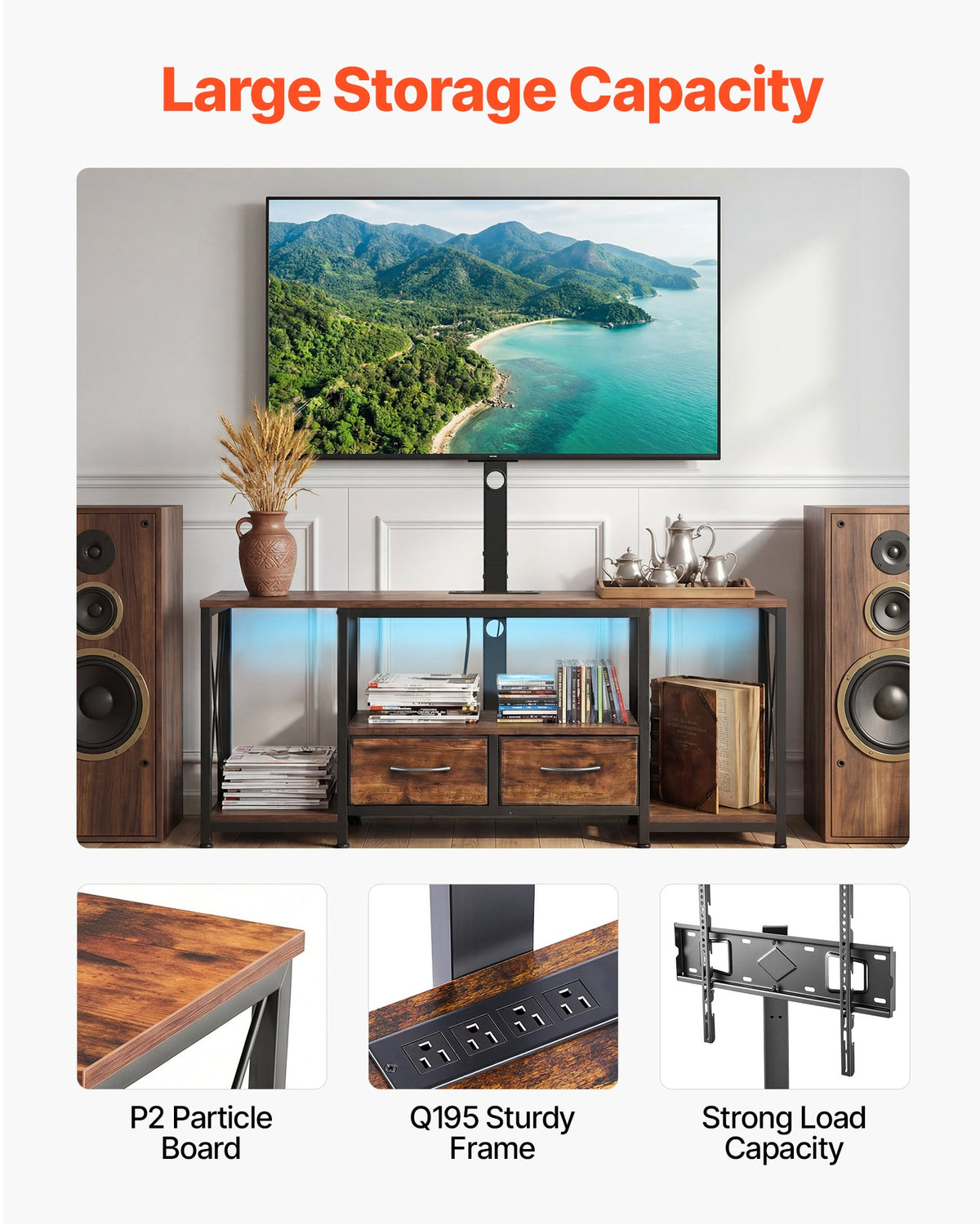 VEVOR TV Stand with Mount, 47.2 Inch, TV Stand Console with Power Outlet & Storage Drawers, for 32-75 Inch TVs, Height Adjustable Entertainment Center with LED Lights, for Living Room, Rustic Brown - DZJDSJ48INCH49SSU001V1 - view 8