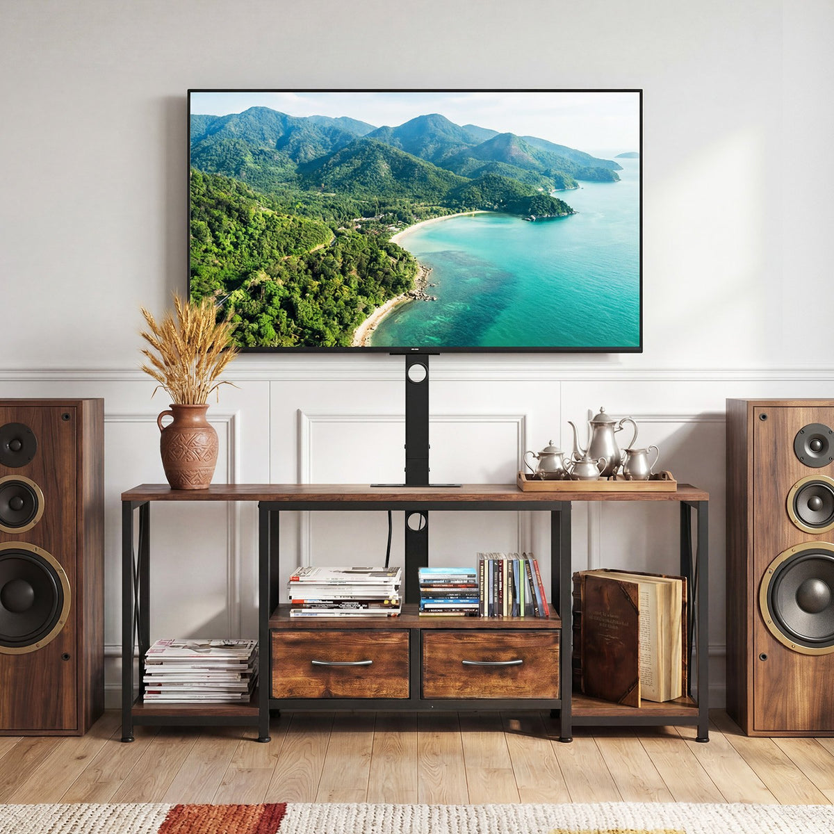 VEVOR TV Stand with Mount, 47.2 Inch, TV Stand Console with Power Outlet & Storage Drawers, for 32-75 Inch TVs, Height Adjustable Entertainment Center with LED Lights, for Living Room, Rustic Brown - DZJDSJ48INCH49SSU001V1 - view 9