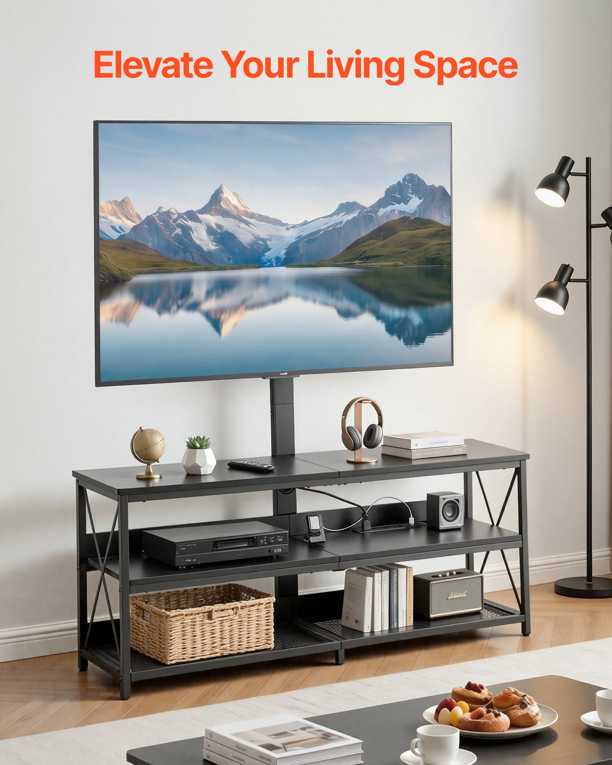 VEVOR TV Stand with Mount, 47.2 Inch, TV Stand Console with Power Outlet, for 32-75 Inch TVs, Height Adjustable Swivel Entertainment Center with Open Storage Shelf, for Living Room Bedroom, Black - DZJDSJ48INCHGRRUY001V1 - view 3