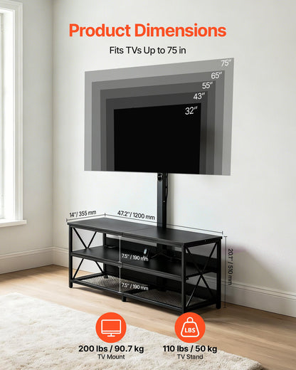 VEVOR TV Stand with Mount, 47.2 Inch, TV Stand Console with Power Outlet, for 32-75 Inch TVs, Height Adjustable Swivel Entertainment Center with Open Storage Shelf, for Living Room Bedroom, Black - DZJDSJ48INCHGRRUY001V1 - view 4