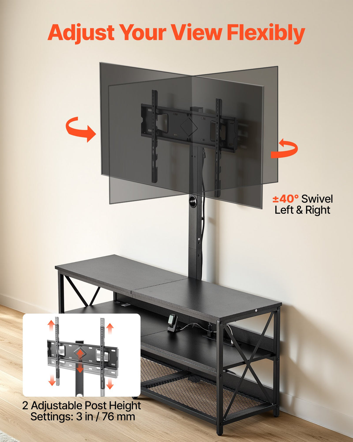 VEVOR TV Stand with Mount, 47.2 Inch, TV Stand Console with Power Outlet, for 32-75 Inch TVs, Height Adjustable Swivel Entertainment Center with Open Storage Shelf, for Living Room Bedroom, Black - DZJDSJ48INCHGRRUY001V1 - view 5