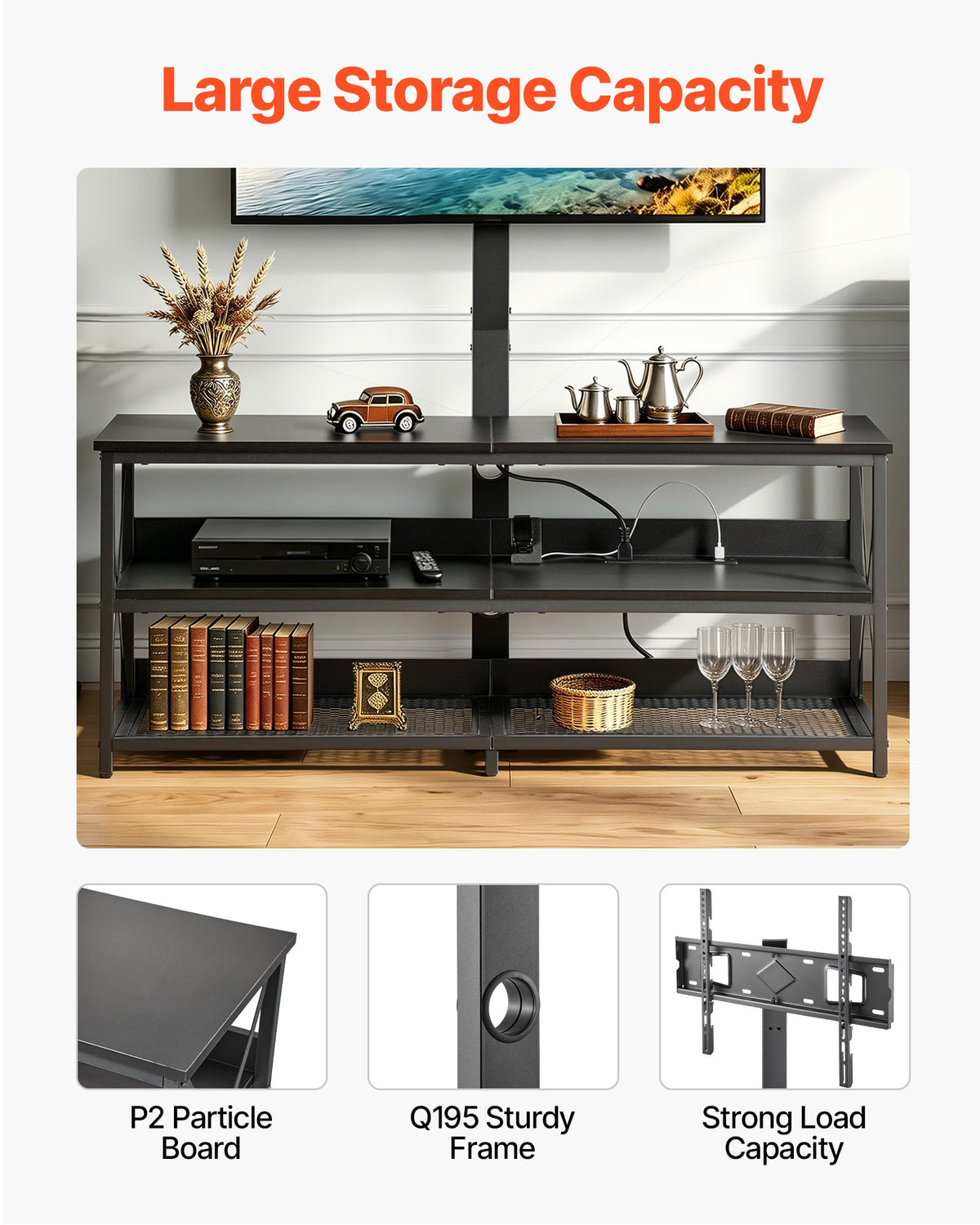 VEVOR TV Stand with Mount, 47.2 Inch, TV Stand Console with Power Outlet, for 32-75 Inch TVs, Height Adjustable Swivel Entertainment Center with Open Storage Shelf, for Living Room Bedroom, Black - DZJDSJ48INCHGRRUY001V1 - view 7