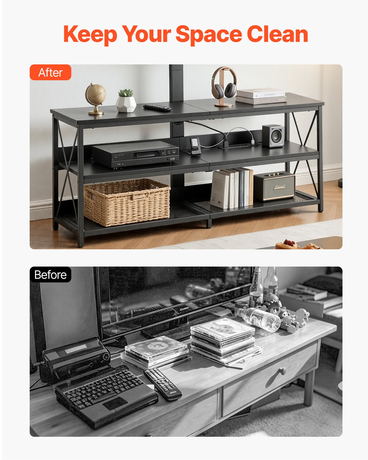 VEVOR TV Stand with Mount, 47.2 Inch, TV Stand Console with Power Outlet, for 32-75 Inch TVs, Height Adjustable Swivel Entertainment Center with Open Storage Shelf, for Living Room Bedroom, Black - DZJDSJ48INCHGRRUY001V1 - view 8