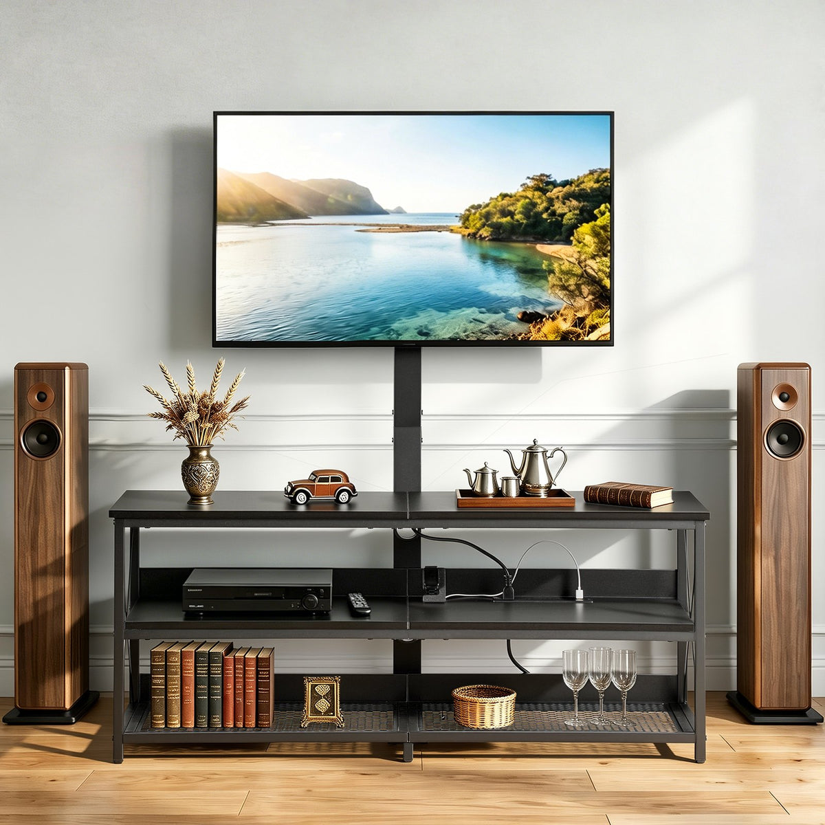 VEVOR TV Stand with Mount, 47.2 Inch, TV Stand Console with Power Outlet, for 32-75 Inch TVs, Height Adjustable Swivel Entertainment Center with Open Storage Shelf, for Living Room Bedroom, Black - DZJDSJ48INCHGRRUY001V1 - view 9