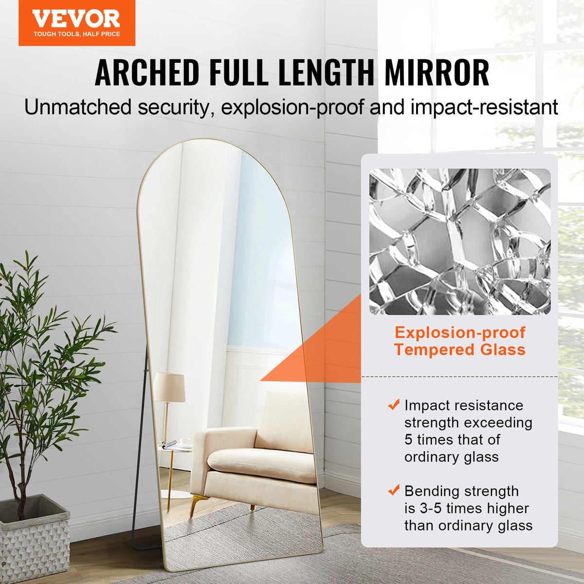 VEVOR Arched Full Length Mirror, 71'' x 30'', Large Free Standing Leaning Hanging Wall Mounted Floor Mirror with Stand Aluminum Alloy Frame, Full Body Dressing Mirror for Living Room Bedroom, Black - DZJGXLDJ71YCEYKBYV0 - view 3