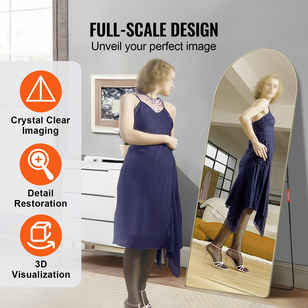 VEVOR Arched Full Length Mirror, 71'' x 30'', Large Free Standing Leaning Hanging Wall Mounted Floor Mirror with Stand Aluminum Alloy Frame, Full Body Dressing Mirror for Living Room Bedroom, Black - DZJGXLDJ71YCEYKBYV0 - view 4