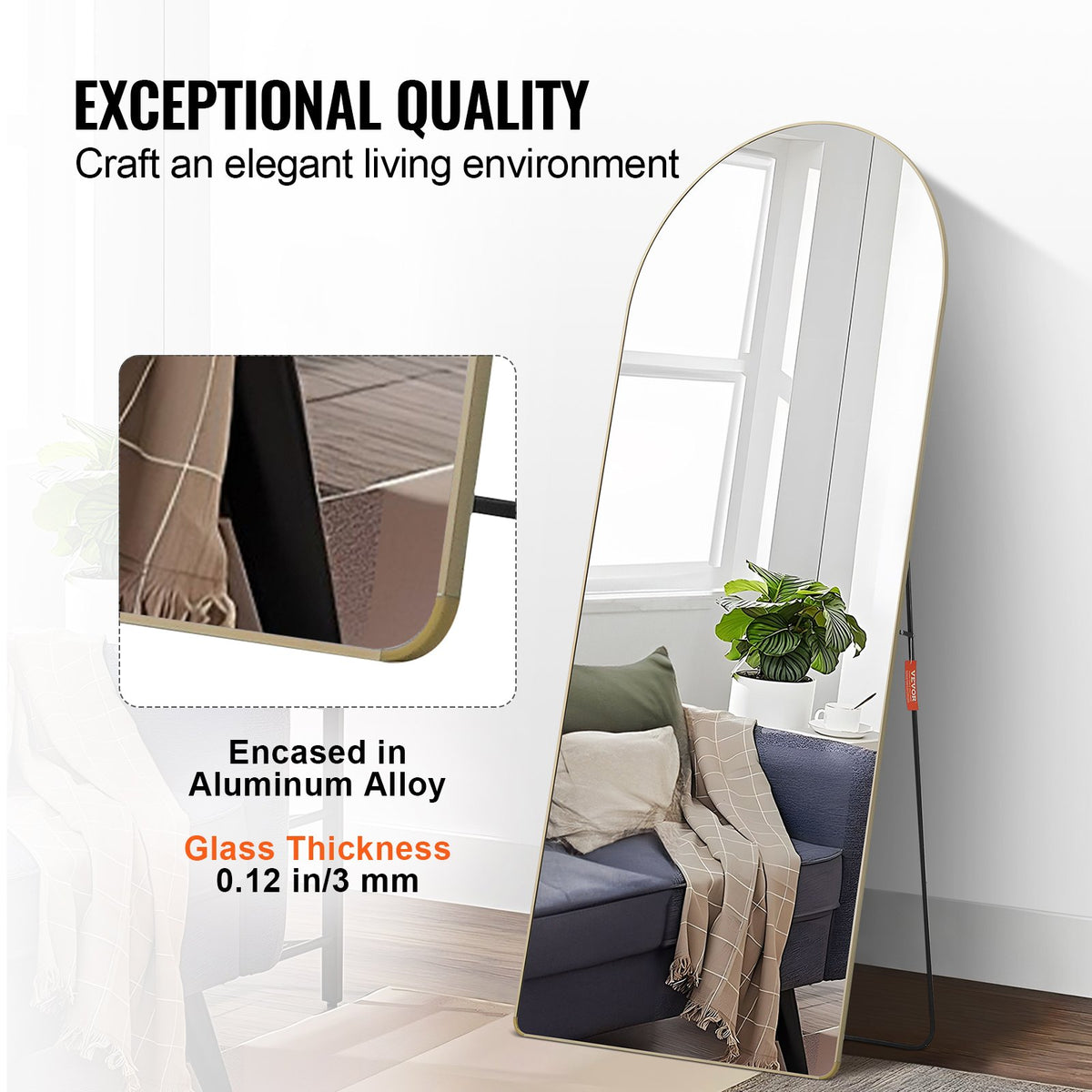 VEVOR Arched Full Length Mirror, 71'' x 30'', Large Free Standing Leaning Hanging Wall Mounted Floor Mirror with Stand Aluminum Alloy Frame, Full Body Dressing Mirror for Living Room Bedroom, Black - DZJGXLDJ71YCEYKBYV0 - view 5
