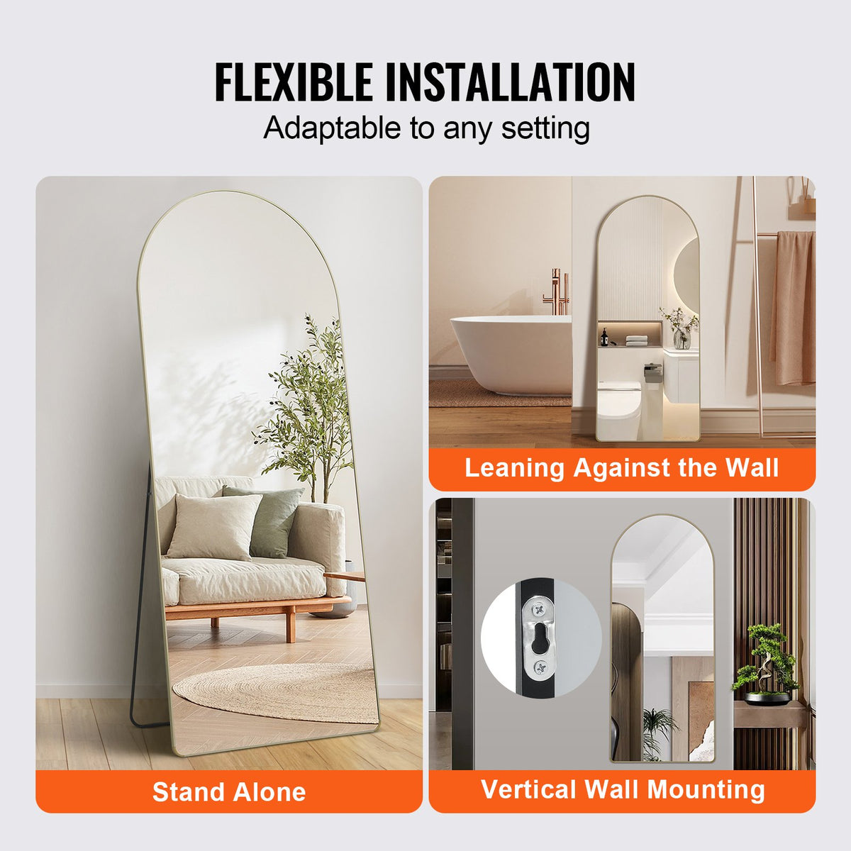 VEVOR Arched Full Length Mirror, 71'' x 30'', Large Free Standing Leaning Hanging Wall Mounted Floor Mirror with Stand Aluminum Alloy Frame, Full Body Dressing Mirror for Living Room Bedroom, Black - DZJGXLDJ71YCEYKBYV0 - view 6