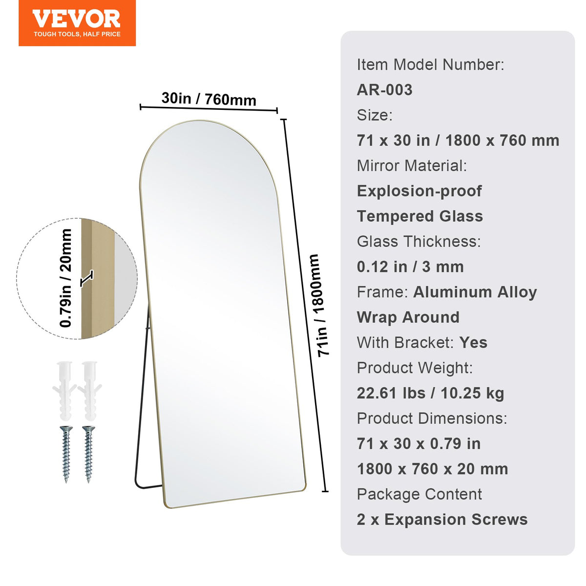 VEVOR Arched Full Length Mirror, 71'' x 30'', Large Free Standing Leaning Hanging Wall Mounted Floor Mirror with Stand Aluminum Alloy Frame, Full Body Dressing Mirror for Living Room Bedroom, Black - DZJGXLDJ71YCEYKBYV0 - view 8