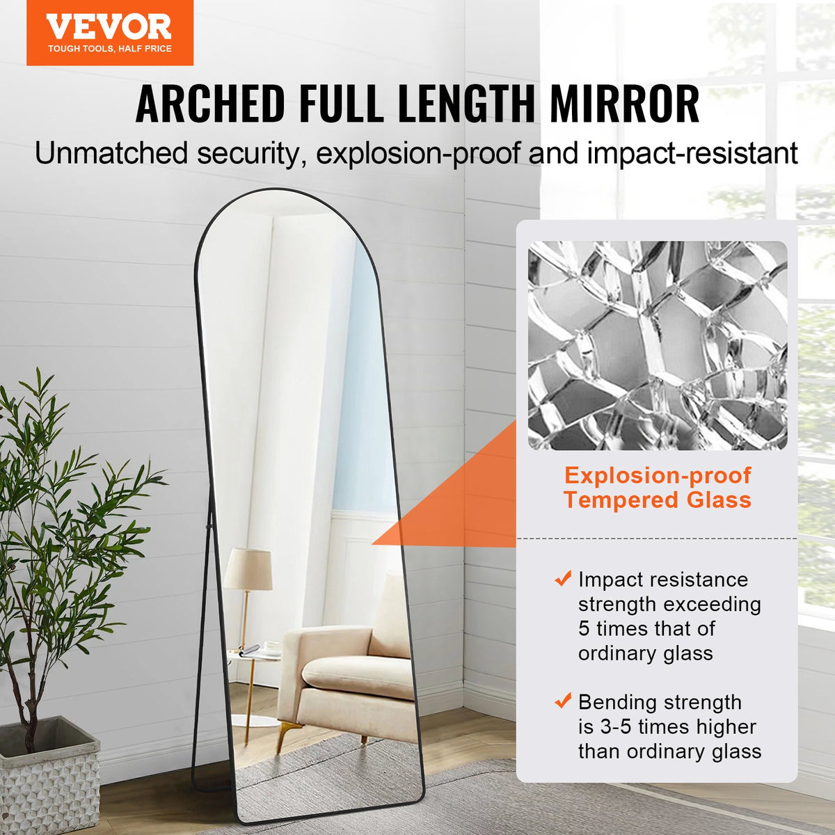 VEVOR Curved Tall Mirror, 65'' x 22'', Spacious Standalone or Wall Mount Reflective Surface with Aluminum Frame, Comprehensive View Dress Mirror for Bedroom or Living Space, Black - DZJGXLDJLHJHY0QFCV0 - view 3