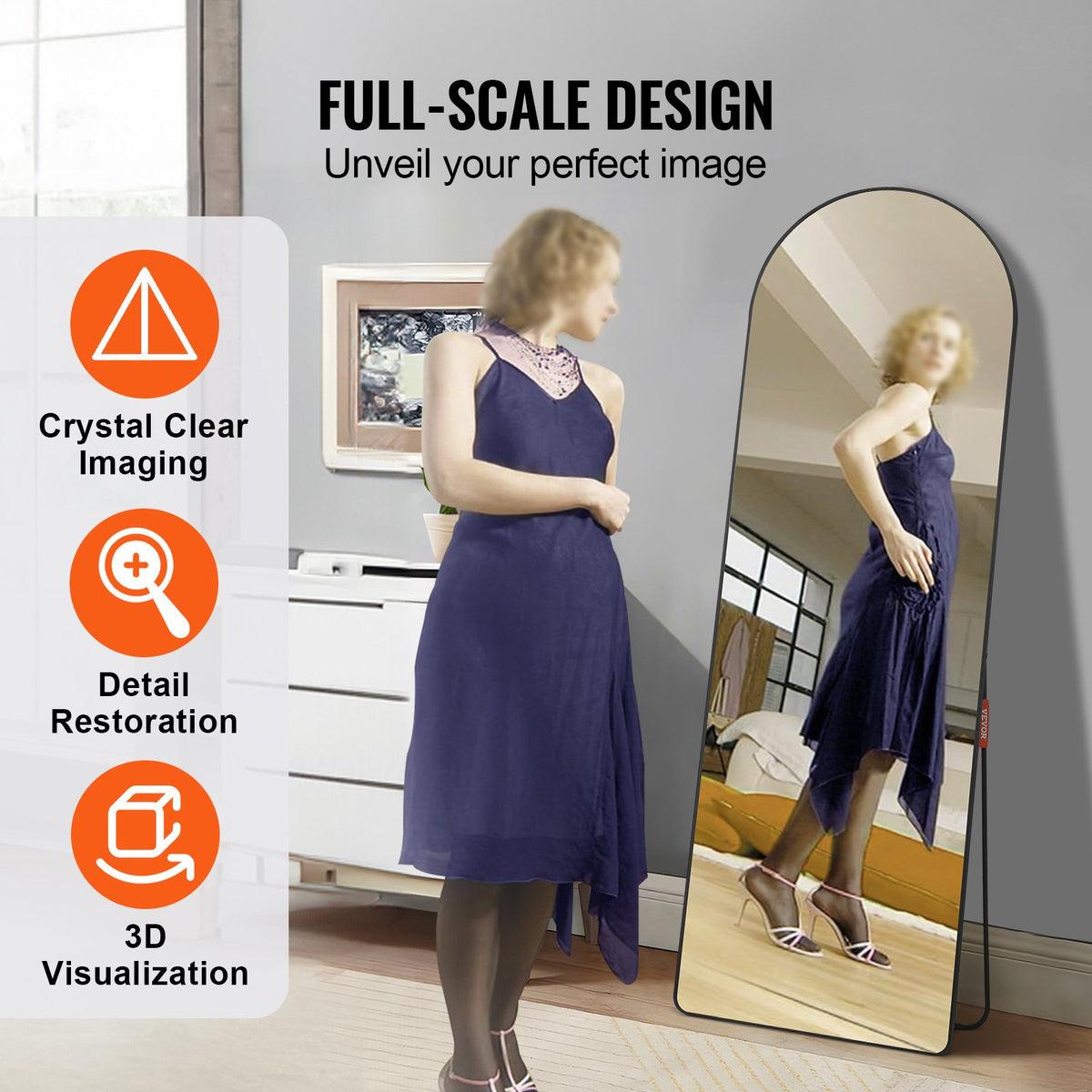 VEVOR Curved Tall Mirror, 65'' x 22'', Spacious Standalone or Wall Mount Reflective Surface with Aluminum Frame, Comprehensive View Dress Mirror for Bedroom or Living Space, Black - DZJGXLDJLHJHY0QFCV0 - view 4