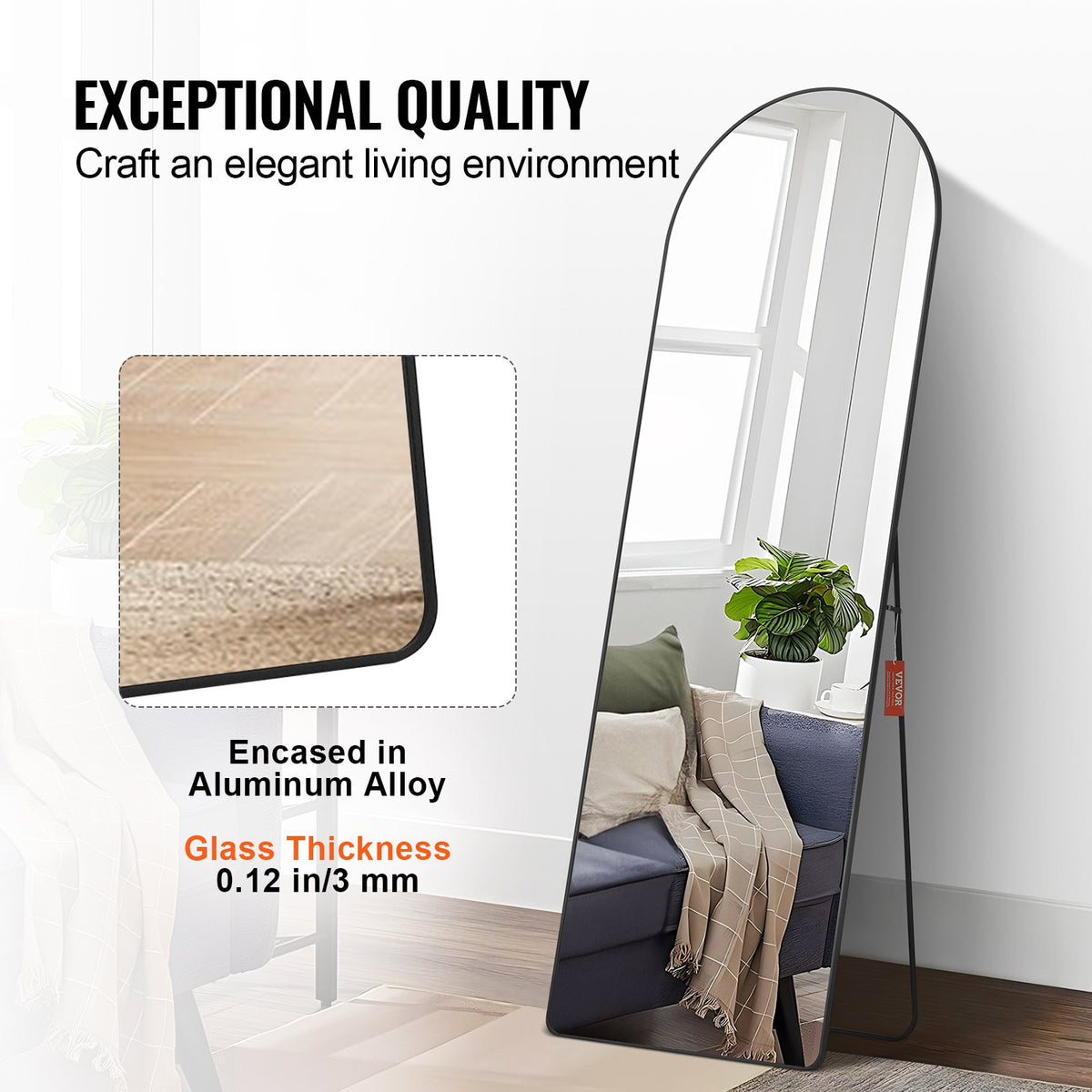 VEVOR Curved Tall Mirror, 65'' x 22'', Spacious Standalone or Wall Mount Reflective Surface with Aluminum Frame, Comprehensive View Dress Mirror for Bedroom or Living Space, Black - DZJGXLDJLHJHY0QFCV0 - view 5