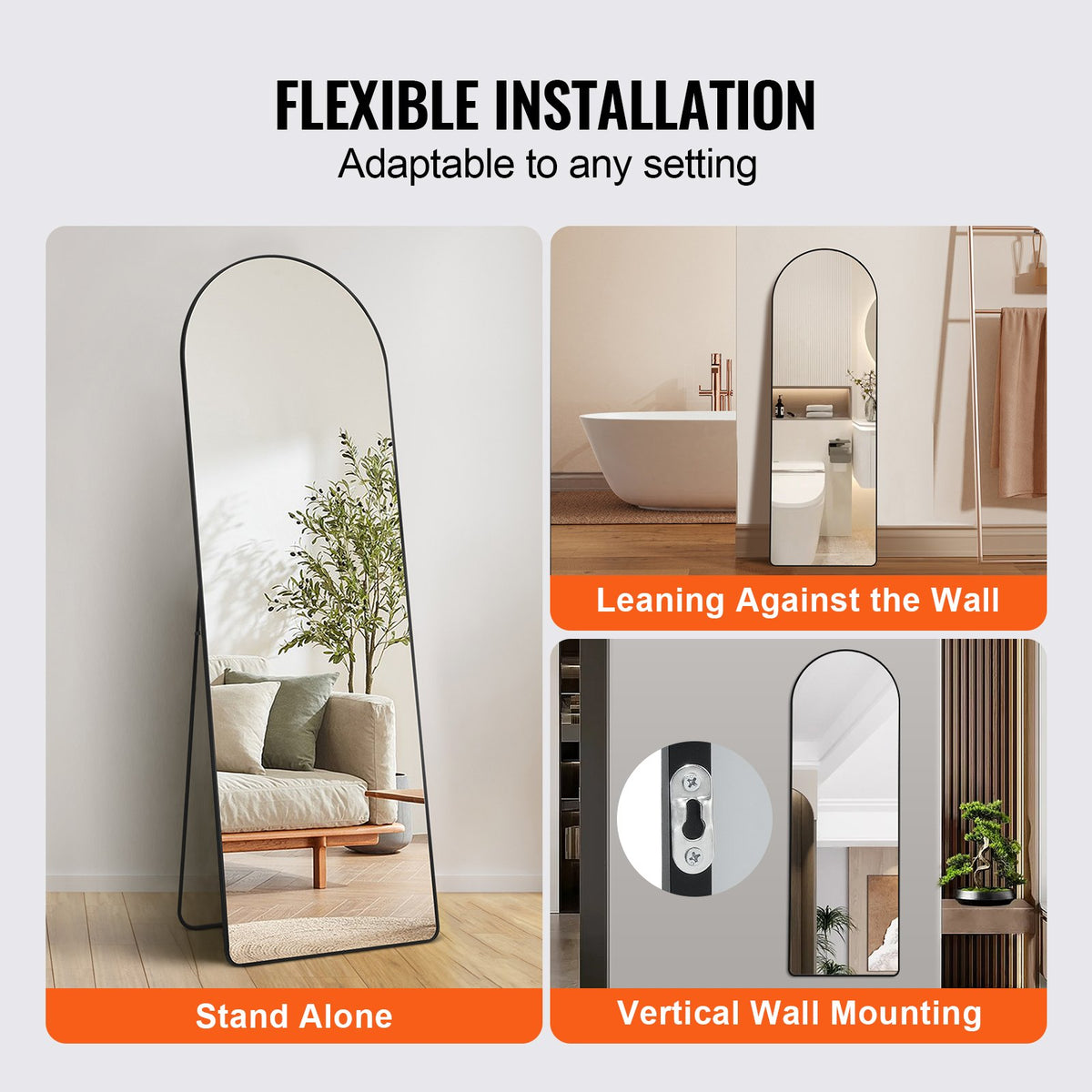 VEVOR Curved Tall Mirror, 65'' x 22'', Spacious Standalone or Wall Mount Reflective Surface with Aluminum Frame, Comprehensive View Dress Mirror for Bedroom or Living Space, Black - DZJGXLDJLHJHY0QFCV0 - view 6