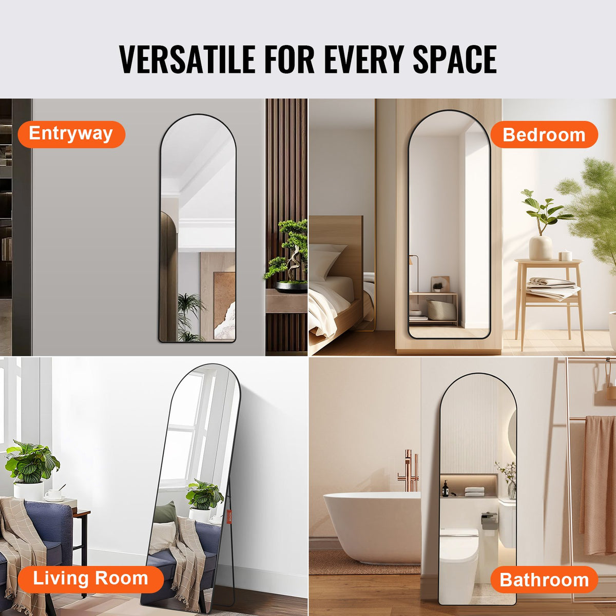 VEVOR Curved Tall Mirror, 65'' x 22'', Spacious Standalone or Wall Mount Reflective Surface with Aluminum Frame, Comprehensive View Dress Mirror for Bedroom or Living Space, Black - DZJGXLDJLHJHY0QFCV0 - view 7