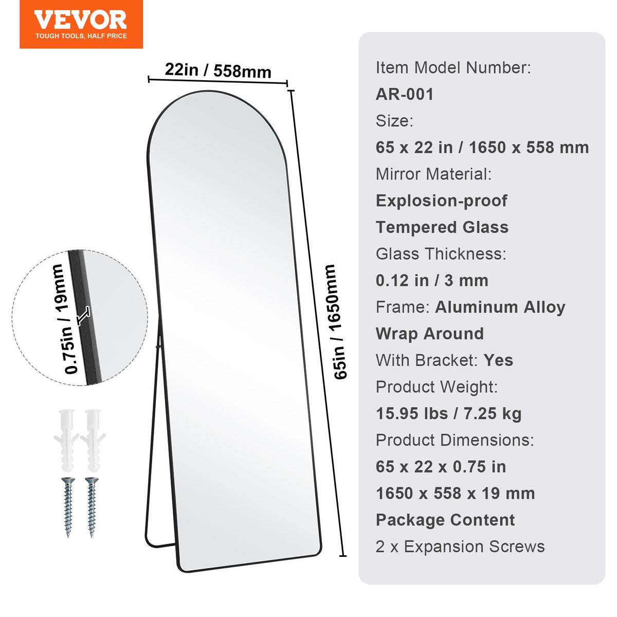 VEVOR Curved Tall Mirror, 65'' x 22'', Spacious Standalone or Wall Mount Reflective Surface with Aluminum Frame, Comprehensive View Dress Mirror for Bedroom or Living Space, Black - DZJGXLDJLHJHY0QFCV0 - view 8