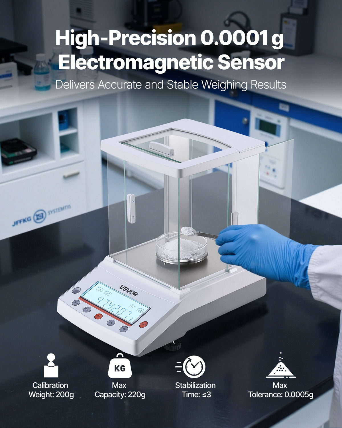 VEVOR Analytical Balance, 220 g x 0.1 mg, 0.0001 g High Precision Accuracy Lab Scale, g/oz/ct/mg 4 Units Electronic Digital Analytical Balance with Glass Draft Shield, for Laboratory Jewelry Pharmacy - DZJMFXTP0000JSCNL001V1 - view 3