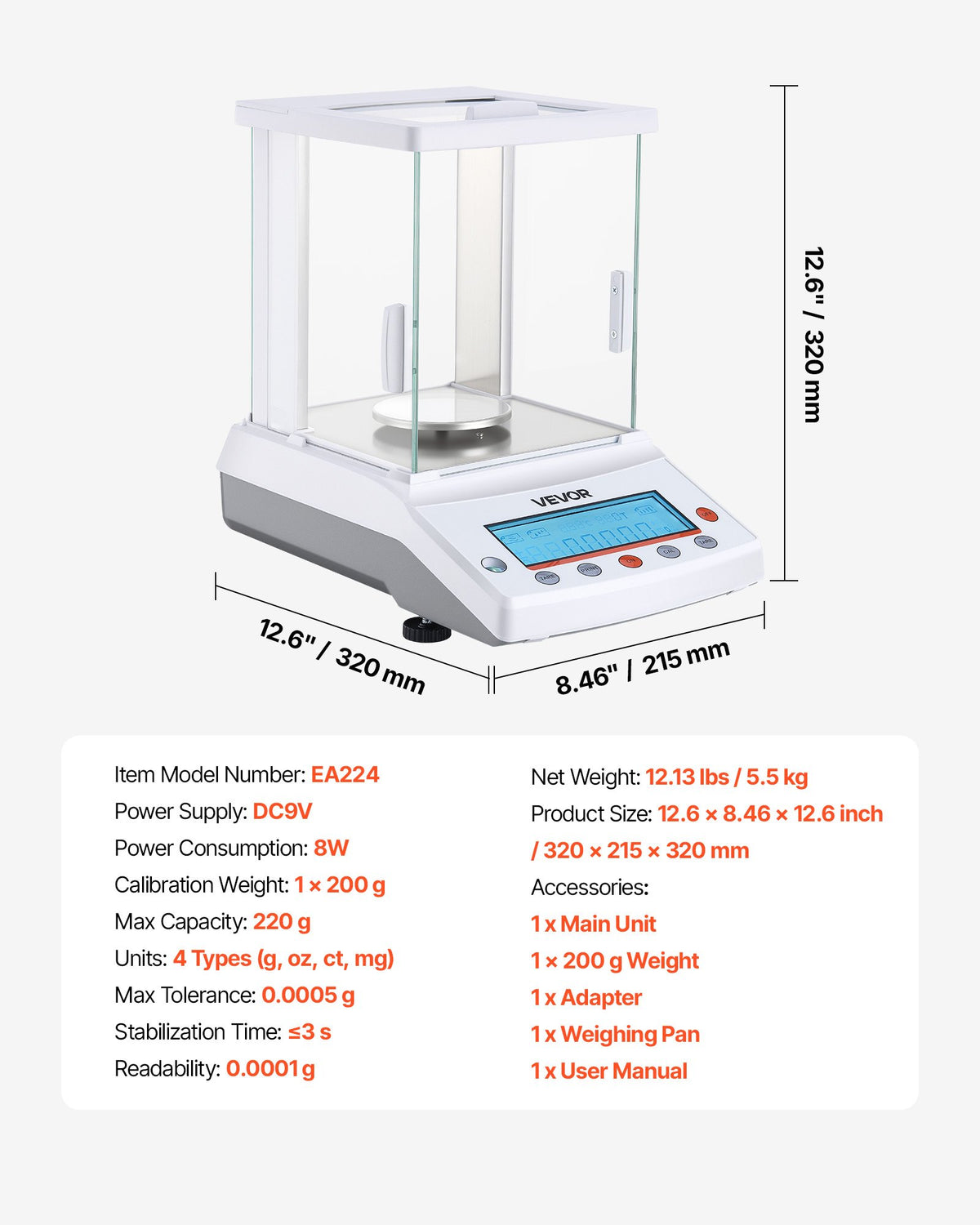 VEVOR Analytical Balance, 220 g x 0.1 mg, 0.0001 g High Precision Accuracy Lab Scale, g/oz/ct/mg 4 Units Electronic Digital Analytical Balance with Glass Draft Shield, for Laboratory Jewelry Pharmacy - DZJMFXTP0000JSCNL001V1 - view 8