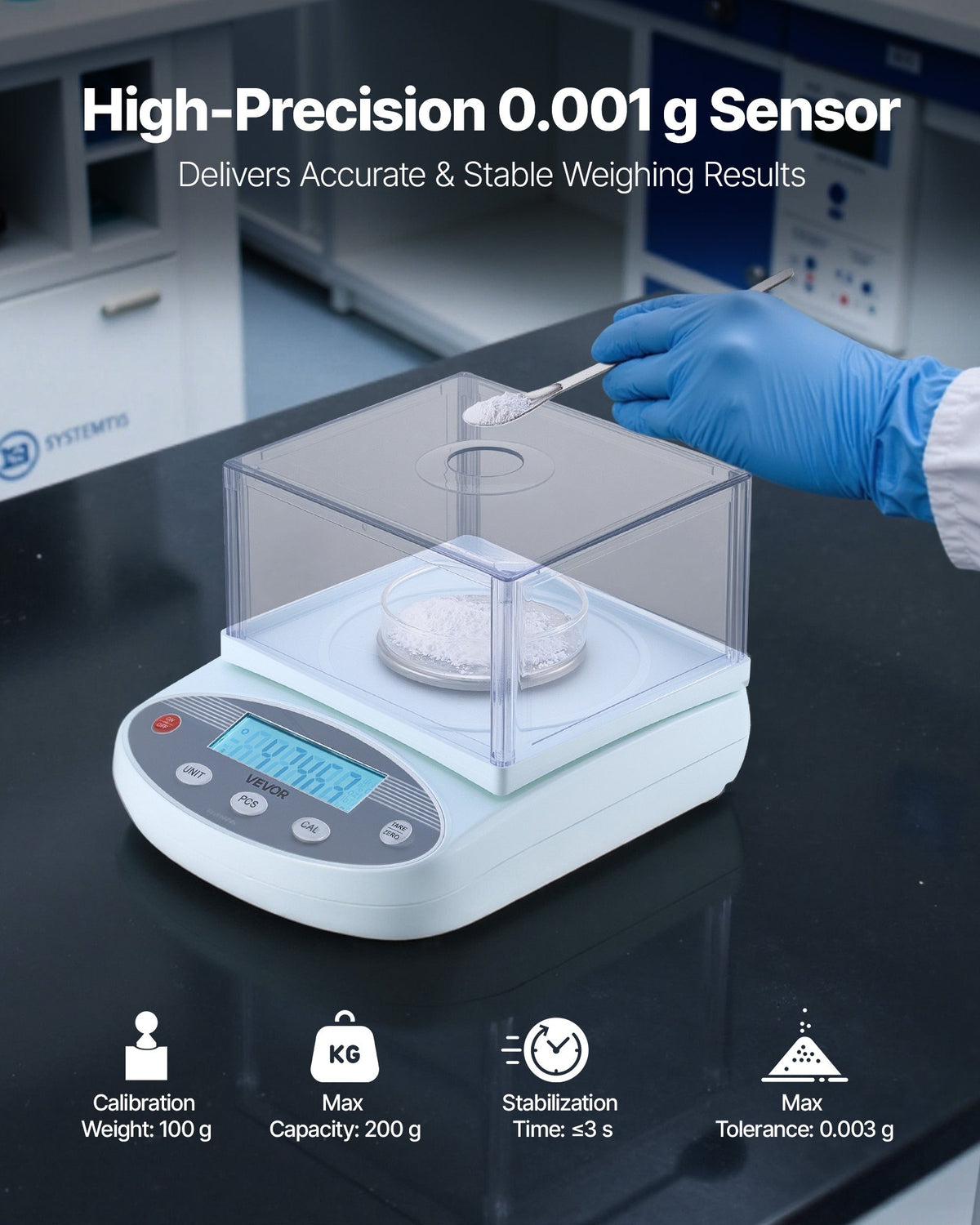 VEVOR Analytical Balance, 200 g x 0.001 g, High Precision Accuracy Lab Scale, 13 Units Electronic Digital Analytical Balance with Glass Draft Shield and Weighing Pan, for Laboratory Jewelry Pharmacy - DZJMFXTP0001W91KV001V1 - view 3