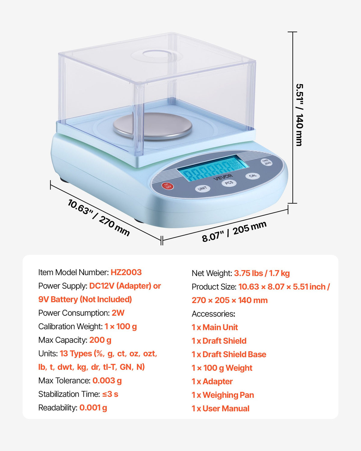 VEVOR Analytical Balance, 200 g x 0.001 g, High Precision Accuracy Lab Scale, 13 Units Electronic Digital Analytical Balance with Glass Draft Shield and Weighing Pan, for Laboratory Jewelry Pharmacy - DZJMFXTP0001W91KV001V1 - view 8