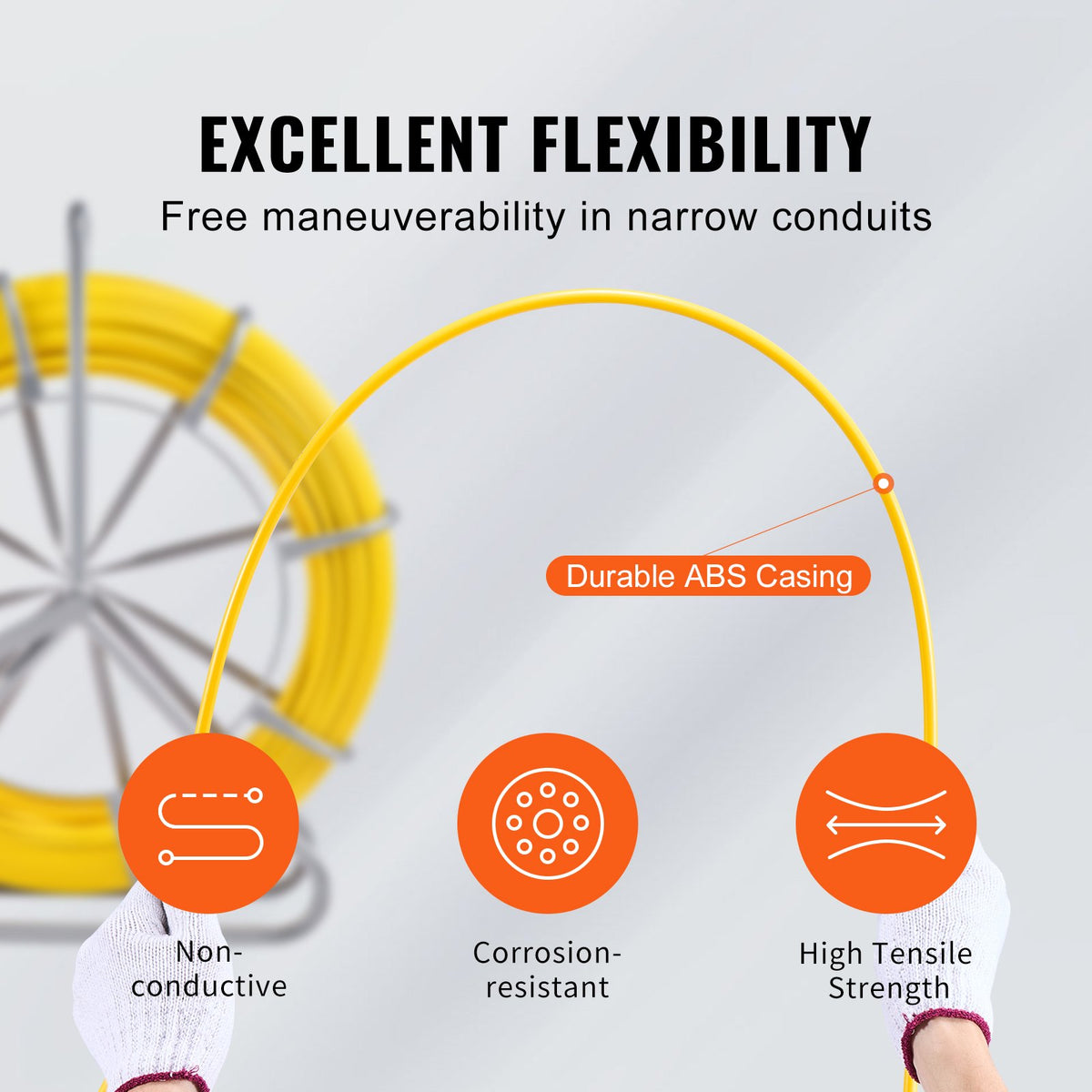 VEVOR Fish Tape Fiberglass, 656 ft, 5/16 in, Duct Rodder Fishtape Wire Puller, Cable Running Rod with Steel Reel Stand, 3 Pulling Heads, Fishing Tools for Walls and Electrical Conduit, Non-Conductive - DZJYDNBLXW5148CANV0 - view 4