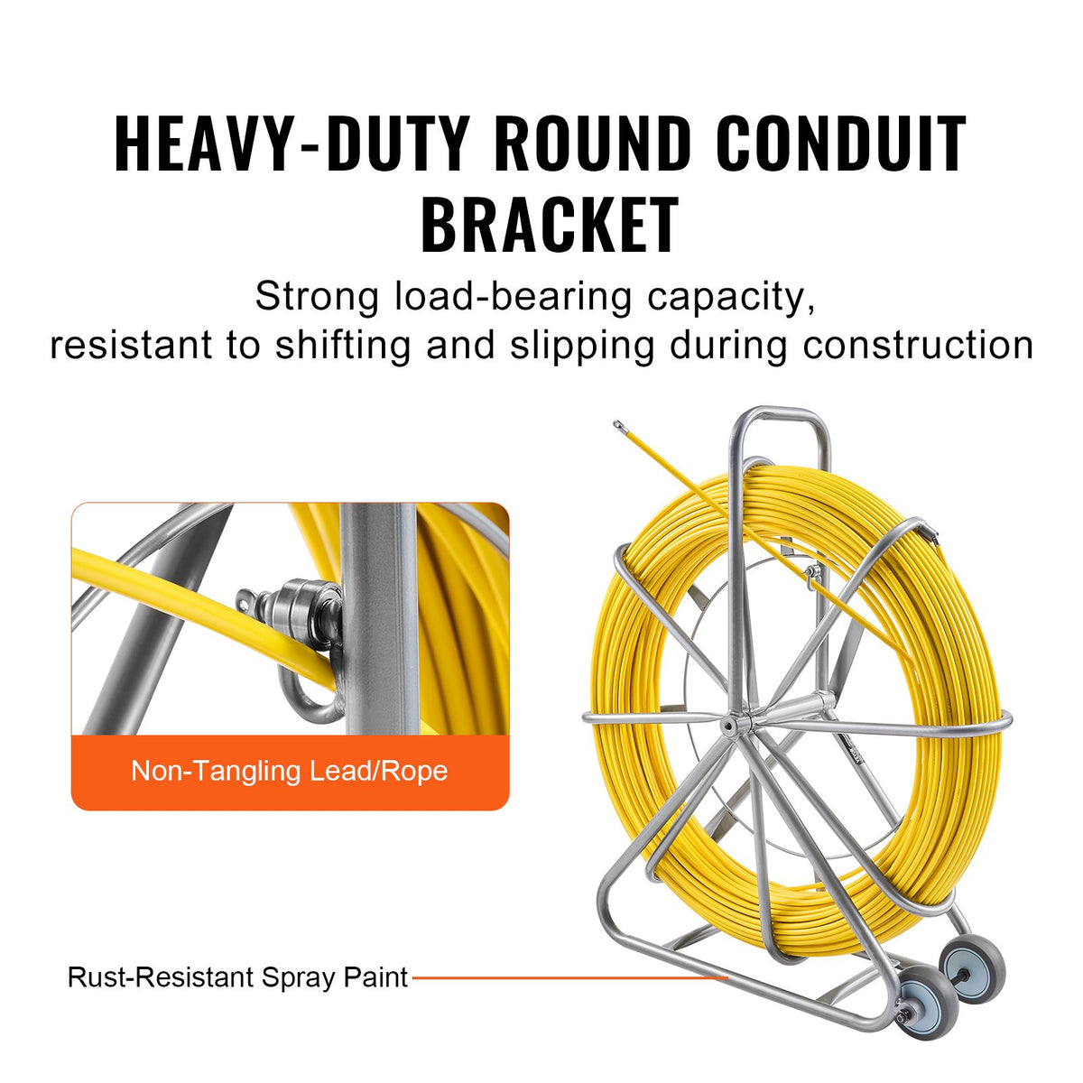 VEVOR Fish Tape Fiberglass, 656 ft, 5/16 in, Duct Rodder Fishtape Wire Puller, Cable Running Rod with Steel Reel Stand, 3 Pulling Heads, Fishing Tools for Walls and Electrical Conduit, Non-Conductive - DZJYDNBLXW5148CANV0 - view 5