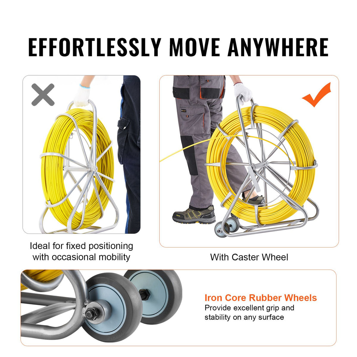VEVOR Fish Tape Fiberglass, 656 ft, 5/16 in, Duct Rodder Fishtape Wire Puller, Cable Running Rod with Steel Reel Stand, 3 Pulling Heads, Fishing Tools for Walls and Electrical Conduit, Non-Conductive - DZJYDNBLXW5148CANV0 - view 6