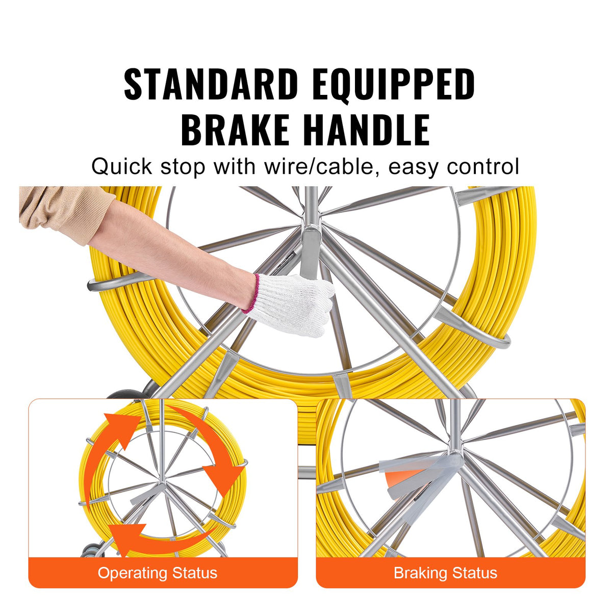 VEVOR Fish Tape Fiberglass, 656 ft, 5/16 in, Duct Rodder Fishtape Wire Puller, Cable Running Rod with Steel Reel Stand, 3 Pulling Heads, Fishing Tools for Walls and Electrical Conduit, Non-Conductive - DZJYDNBLXW5148CANV0 - view 7