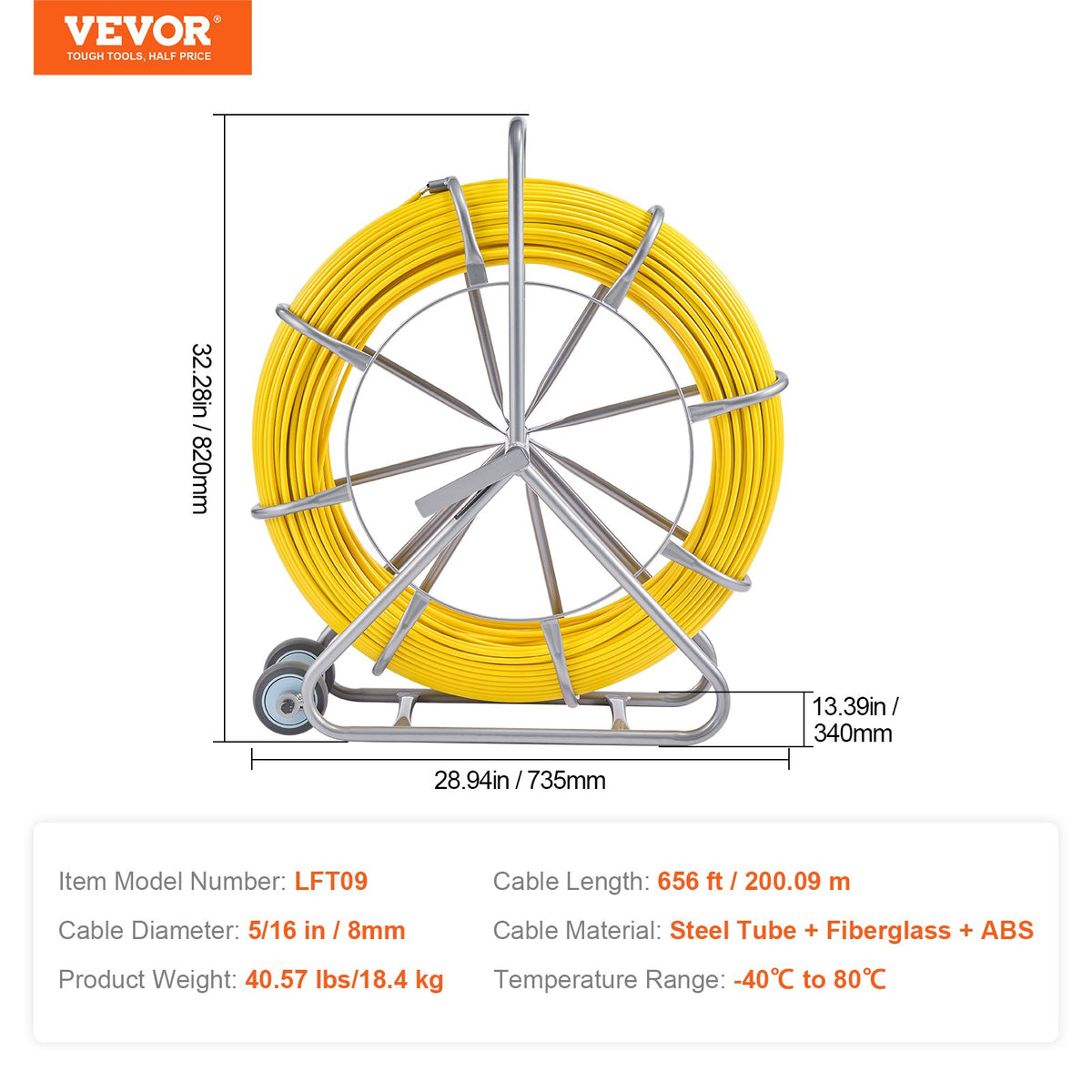 VEVOR Fish Tape Fiberglass, 656 ft, 5/16 in, Duct Rodder Fishtape Wire Puller, Cable Running Rod with Steel Reel Stand, 3 Pulling Heads, Fishing Tools for Walls and Electrical Conduit, Non-Conductive - DZJYDNBLXW5148CANV0 - view 8