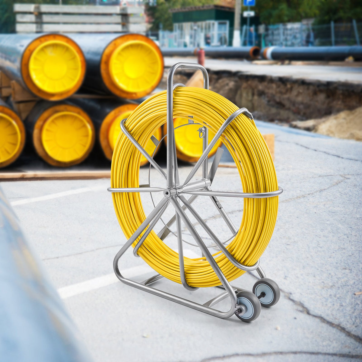VEVOR Fish Tape Fiberglass, 656 ft, 5/16 in, Duct Rodder Fishtape Wire Puller, Cable Running Rod with Steel Reel Stand, 3 Pulling Heads, Fishing Tools for Walls and Electrical Conduit, Non-Conductive - DZJYDNBLXW5148CANV0 - view 9