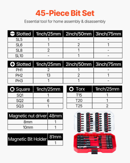 VEVOR Screwdriver Bit Set, 45-Piece, Magnetic Phillips, Slotted, Square, Torx Bit, Hex Nut Sockets, Extension Rod with Transparent Storage Case, High-Strength S2 Alloy Steel, Blackened Finish - DZLLSPTTZ45PG00SU002V0 - view 3