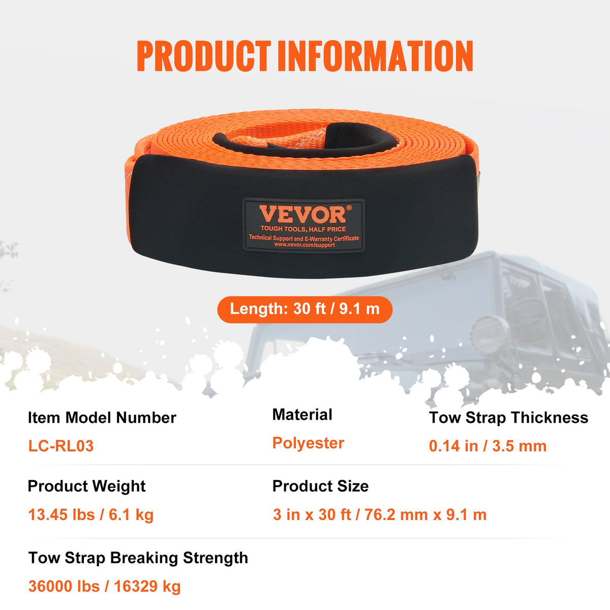 VEVOR Polyester Heavy Duty Tow Strap Recovery Kit 3" x 30 ft (MBS-36,000 lbs) Winch Strap, Triple Reinforced Loop, Snatch Strap + 2" Shackle Hitch Receiver + 3/4" D-Ring Shackles (2PCS) + Storage Bag - DZNL3IN30FTC2VVOJV0 - view 8