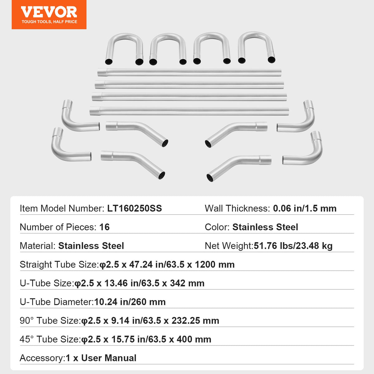 VEVOR Exhaust Kit, 16pcs, DIY Universal Stainless Steel Exhaust Kit with Slip-Fit Joint & Large Exhaust Tube, Rust-Proof Exhaust Pipe for Exhaust System, Fit for Garage/Auto Repair Store/4S Store - DZPQGTJ16PCS9KJX2V0 - view 8