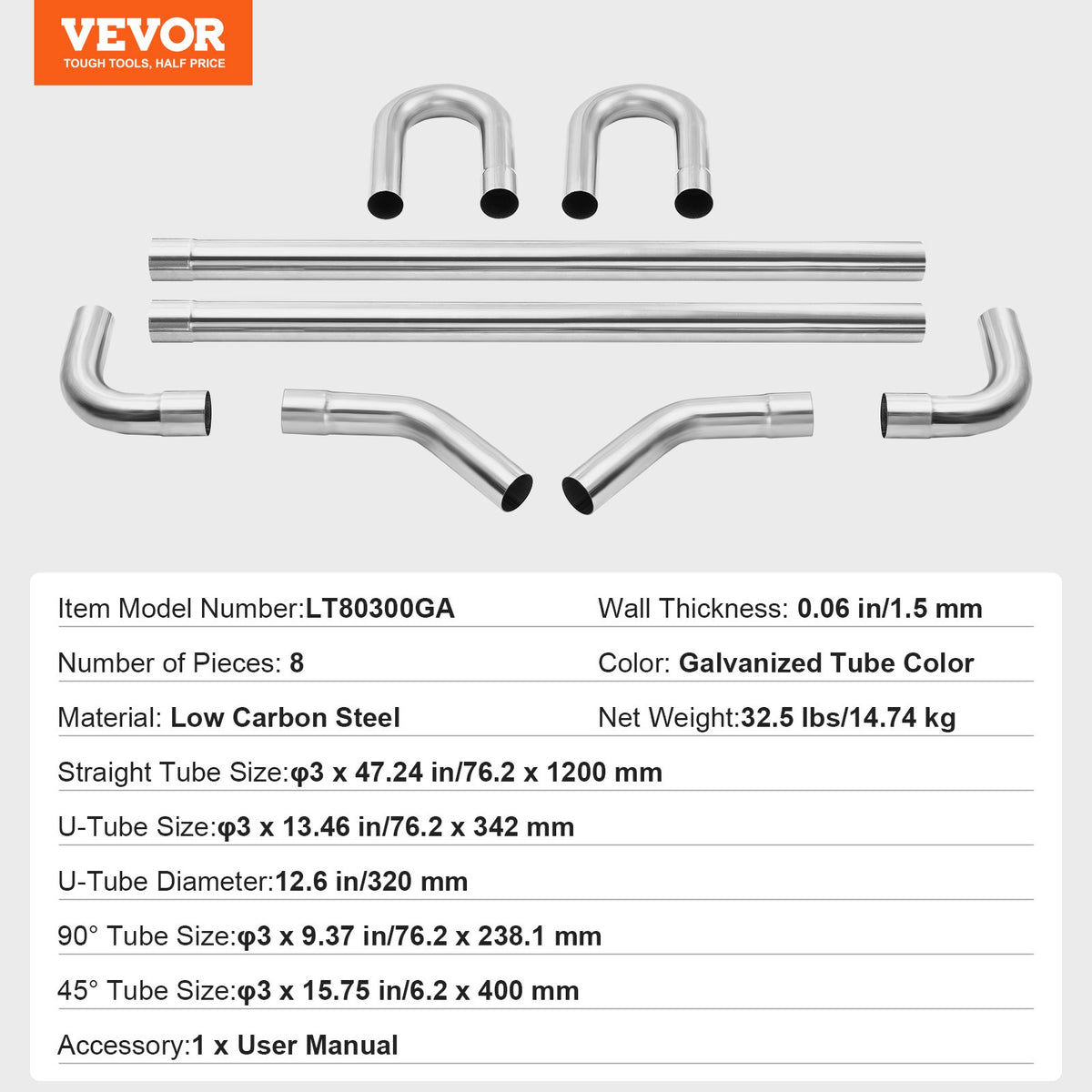 VEVOR Exhaust Kit, 8 Pieces, DIY Universal Galvanized Steel Exhaust Kit with Slip-Fit Joint & Large Exhaust Tube, Rust-Proof Exhaust Pipe for Exhaust System, Fit for Garage/Auto Repair Store/4S Store - DZPQGTJ8PCS3YQS2VV0 - view 8