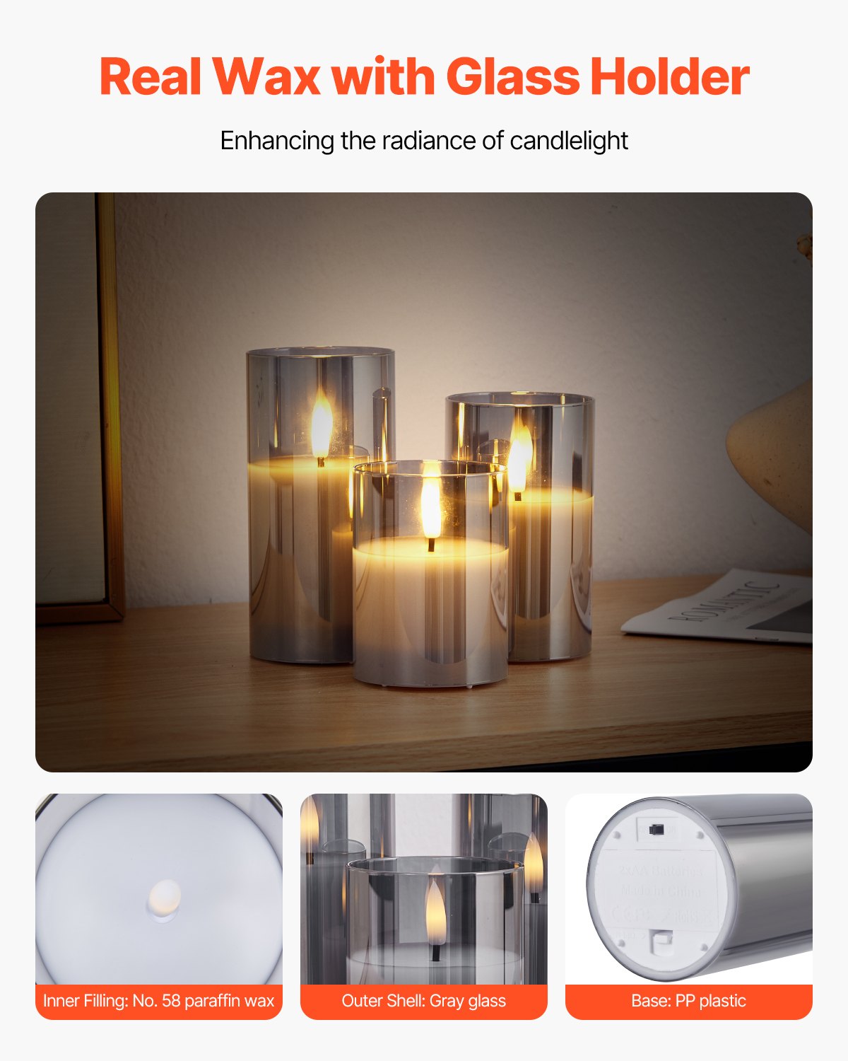 VEVOR Gray Flickering Flameless Candles, Set of 3 Battery Operated Flameless Led Candles with 10-Key Remote and Timer, Real Wax & Warm Color Flickering Light for Festival Wedding Home Party Decor - DZPZZLZ3INCH8J8A2V9 - view 5
