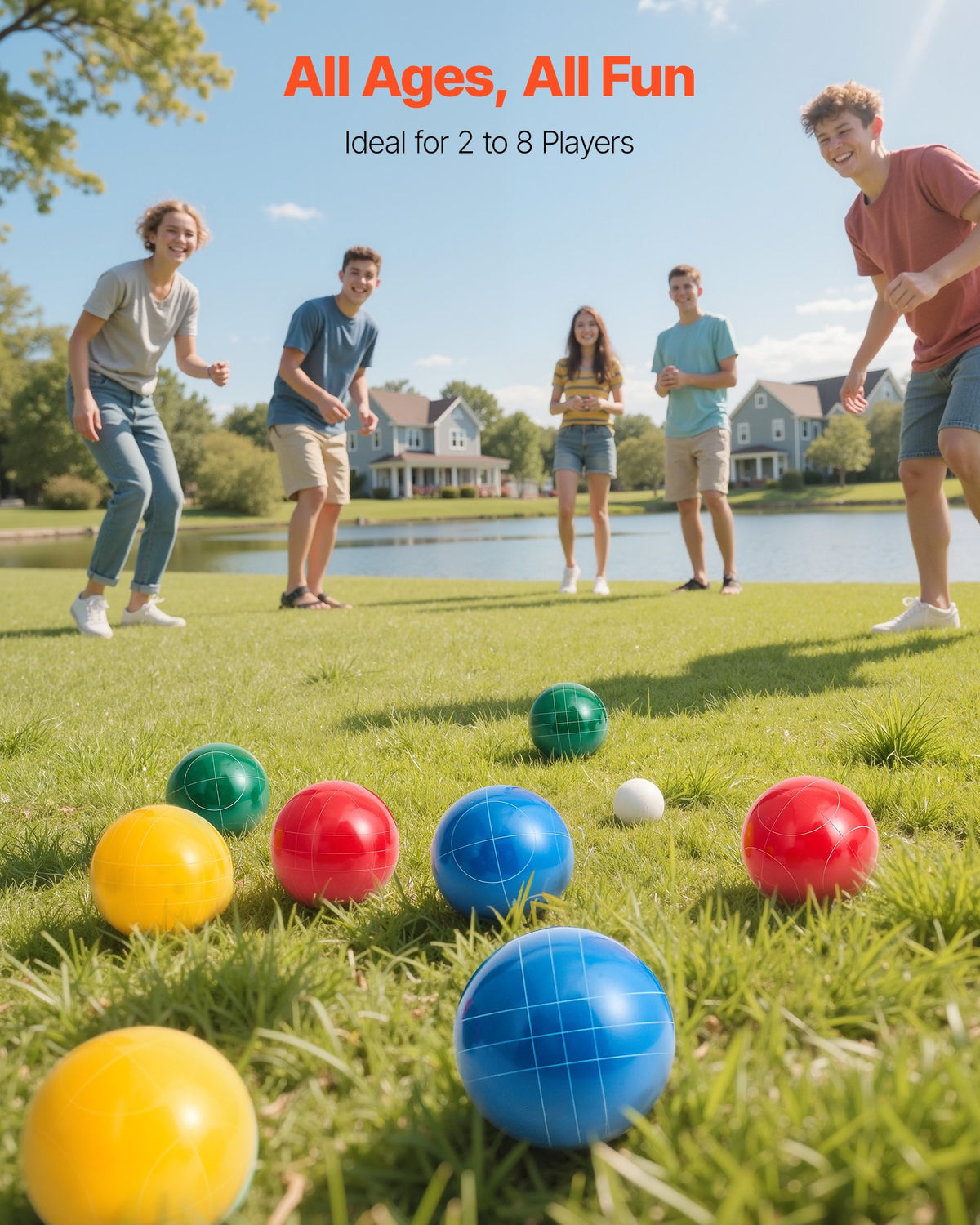 VEVOR Bocce Ball Set, 90 mm, with 8 Resin Balls, Pallino, Carrying Bag and Measuring Rope, Red/Green/Blue/Yellow 4 Colors, for 2 to 8 Players, Bocce Ball Game Set for Beach, Lawn, Family Backyard - DZQTZSZ90MM46L6V9001V0 - view 3